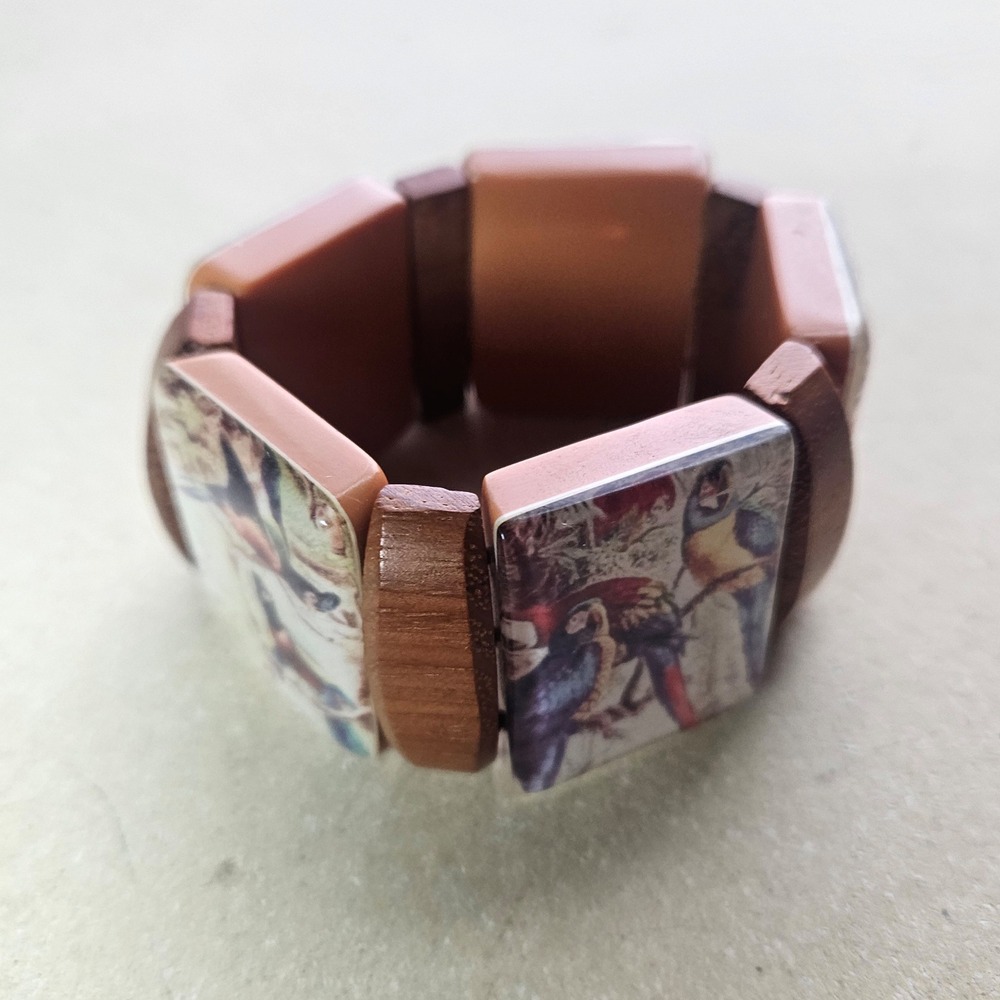 Vtg 50s 60s Wood Resin Parrot Bird Stretch Bracelet Tropical Hawaiian Brown - Picture 2 of 5